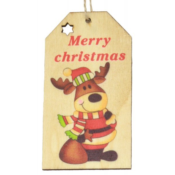 Χριστουγεννιάτικο Κρεμαστό Ξύλινο Ταμπελάκι, με Τάρανδο και "Merry Christmas" (11cm)